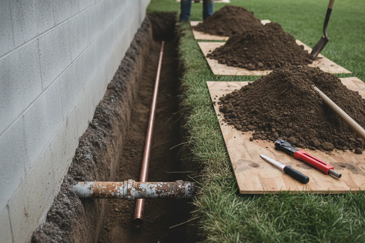 Excavated water line trench during Sewer Line Repair in Gwynneville